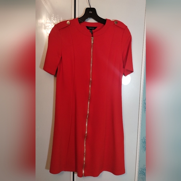 Karen Millen A Line Military Red Mini Dress With Front Zipper Sz 8 - Picture 4 of 7